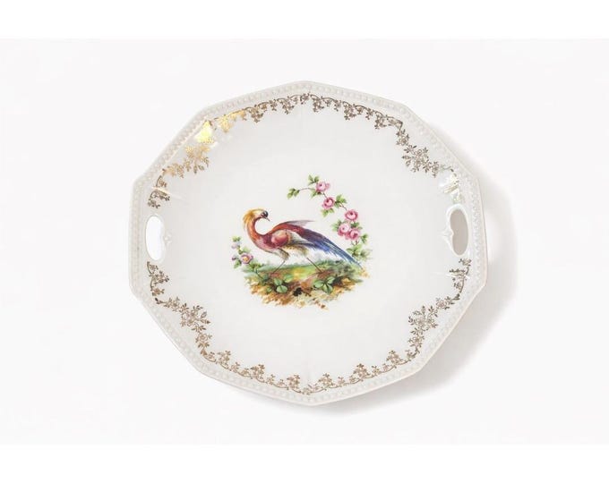 Cake Platter Plate Peaccock Otto Gruenert Kahla Iridescent Bird Design German Replacement China Galler Wall Art Serving Pieces Floral Gold