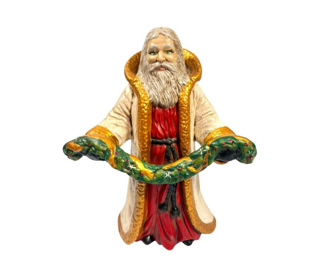 Santa Statue Figurine Father Christmas Hand Painted Ceramaic Mold Vintage Mid Century Holding Garland Wreath Gold trimmed Robe Holiday