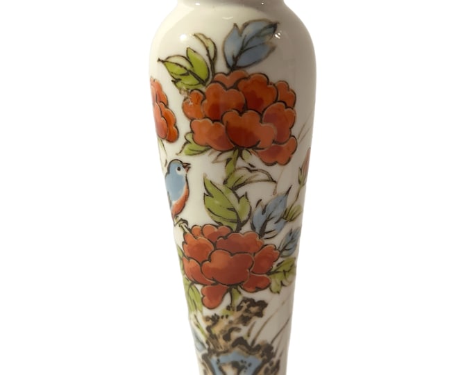 Vintage Chinoiserie  Blue Bird with Orange Flower Peonies Bud Vase - Japan