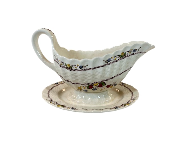 Gravy Boat & Underplate | Spode Copeland England Spode's Cowslip 713 Floral Wicker | Stoneware Pottery | Table Setting Replacement China