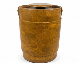 Large Ice Bucket Faux Wood Grain Vintage Mid Century Retro Elmar Products Handled Barware Hostess Party Insulated Lined  Brown Plastic