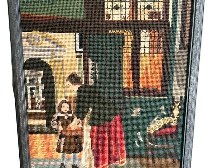 Vintage | Pieter de Hooch |  Handmade Needlepoint & Petit Point | Renaissance Tapestry Dutch | Woman Child Scene | Framed Wall Decor Art