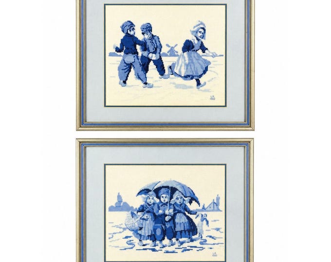 Framed Cross Stitch Pair Delft Blue White Dutch Jean McIntosh Children at Play Vintage Needlework Wall Art Home Decor Handmade