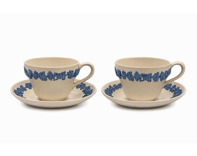 Cup and Saucer Tea Coffee Wedgwood Set Pair 2 Etruria & Barlaston Embossed Queensware White Blue Vintage Replacement China Grandmillennial