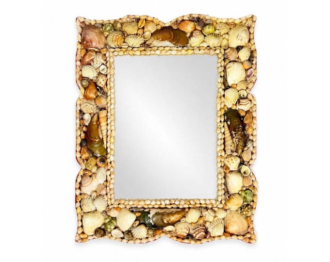 Wall Mirror Shell Encrusted Handmade Velvet Back Coastal Nancy Myers Home Decor Decorative Accents Galley Seashells