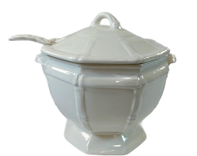 White Ironstone Soup Tureen Ladle | Bamboo Motif | California Pottery | Vintage Entertaining Hostess Wedding Gift | Servingware terre de fer