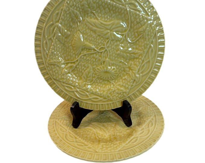Bordallo Pinheiro Portugal | Jay Willfred | Yellow Morning Glory Majolica Plates | Set Of 2 Pair | Nancy Myers Home Decor Grand Millennial