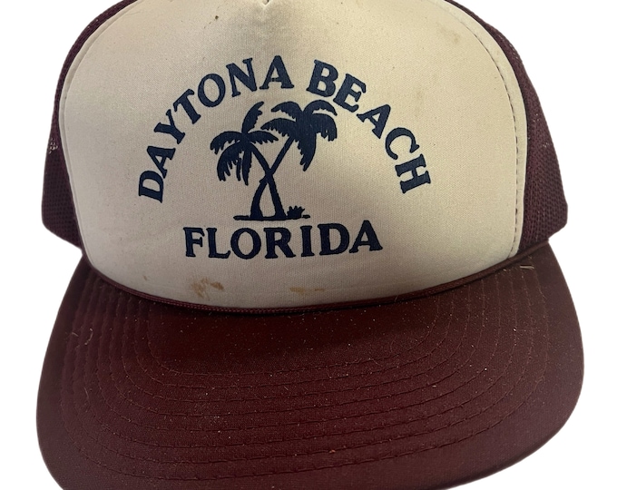 Vintage Retro Trucker Hat | Daytona Beach Florida | Palm tree | Burgundy  Snapback Mesh Cap | Screen printed | 80s style | Travel Souvenir