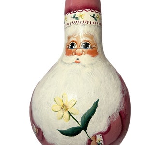 Vintage | Handpainted | Christmas | Santa | Large Gourd | Footed | Pinkish Red | Flower