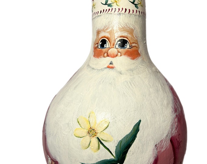 Vintage | Handpainted | Christmas | Santa | Large Gourd | Footed | Pinkish Red | Flower