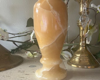 Vintage Egyptian Honey Yellow Beige White Alabaster Hand Carved Weathered Marble Small Pose Flower Vase