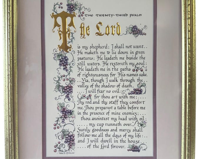 Framed Art Print The Lords Prayer 23rd Psalm | gold raised lettering  | Terese B Matthewson | Christian Religious Wall Art Decor | Grapes