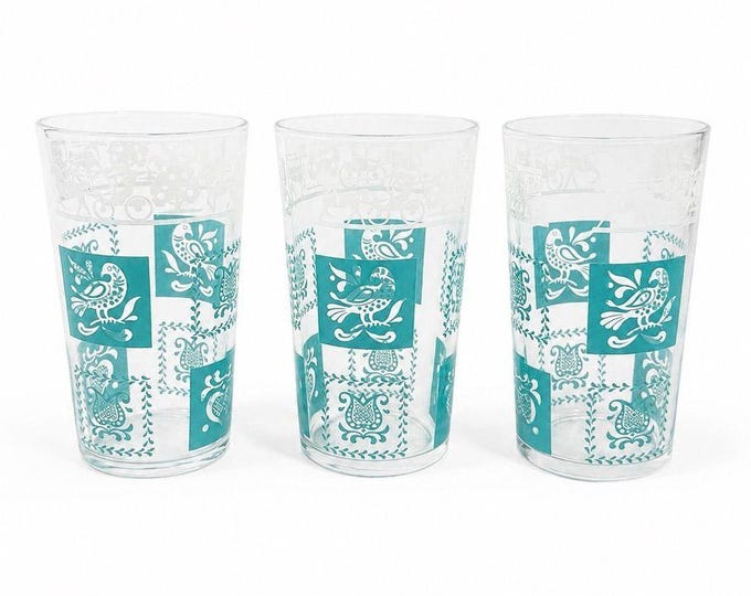 Drinking Glasses Tea Water Hazel Atlas Set 3 Pennsylvania Dutch Amish Americana Teal White Tumblers Mid Century Replacement Glassware