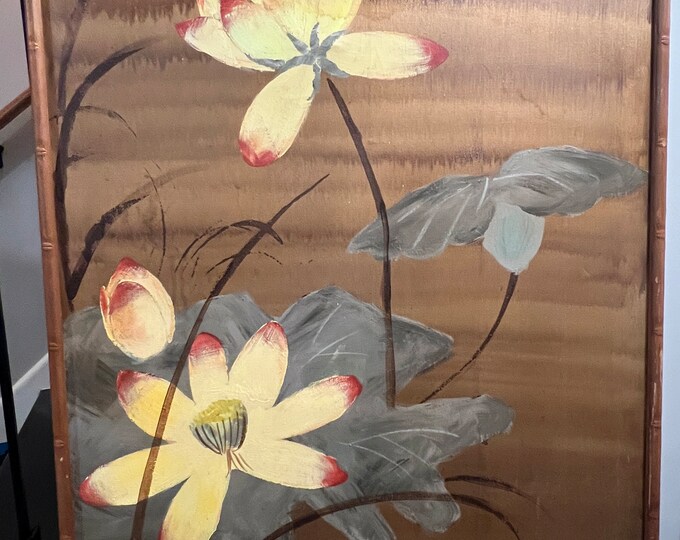 Vintage Original Gold Lotus Flower Oil Painting Picture Signed by Lee Reynolds Vanguard Studios Bamboo Frame Large