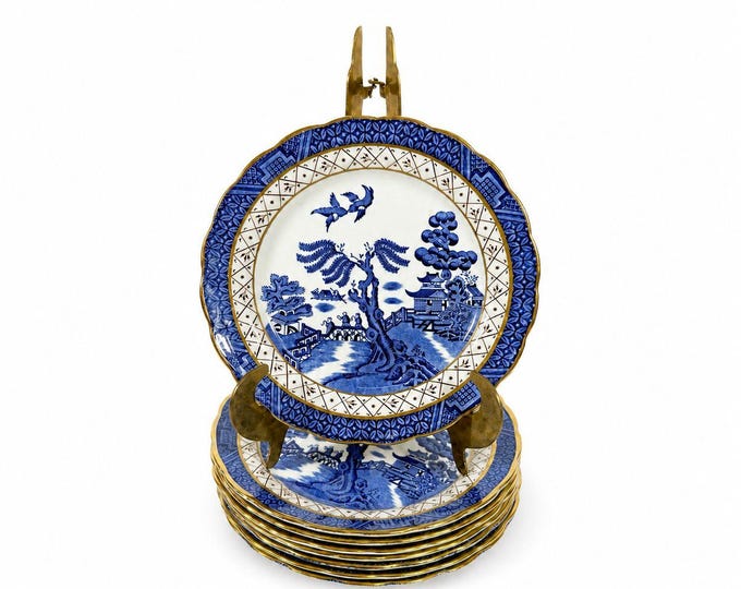 Bread and Butter Place Set 8 Booths Real Old Willow Blue Gold Trim Vintage Replacement China Traditional Oriental Chinoiserie Made England