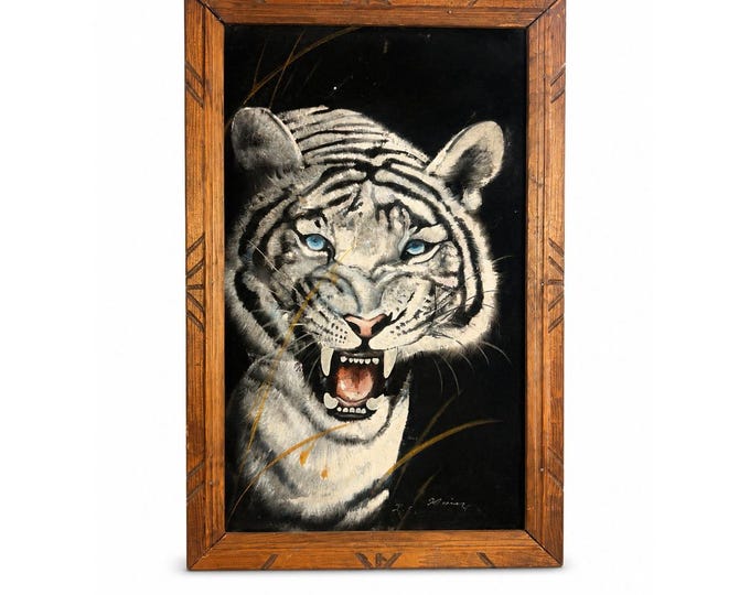 Black Velvet Painting White Bengal Tiger Vintage Wooden Frame Mexico Signed Wall Art Retro Home Decor