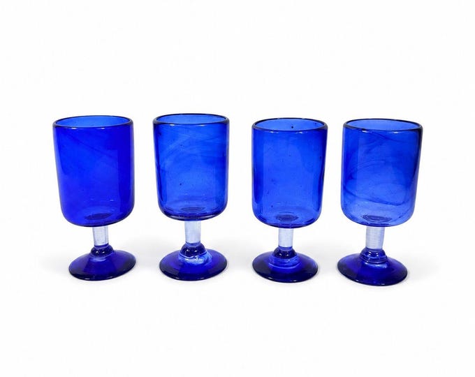 Wine Glasses Hand Blown Cobalt Blue  Set 4 Stemmed Glassware Collectible Barware Artisanal craftsmanship Wedding Gift Hostess Party