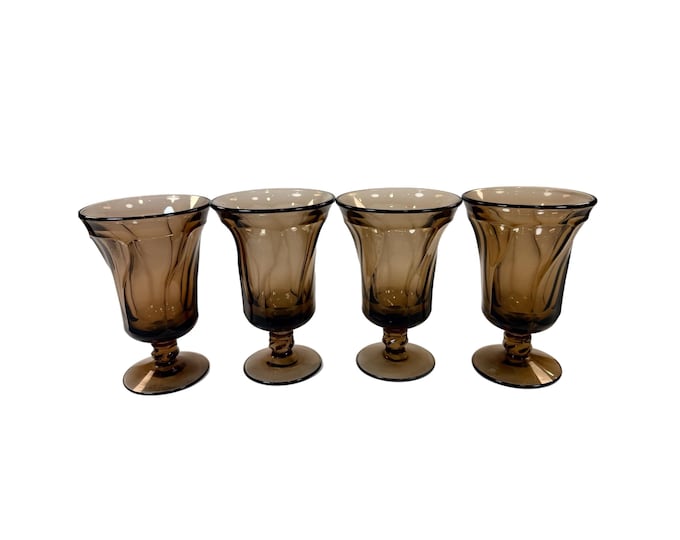 Footed Ice Tea Glassware | Fostoria Jamestown Brown Amber | Drinking Glass Set 4 | Replacement Barware Drinkware | Mid Century Retro Vintage