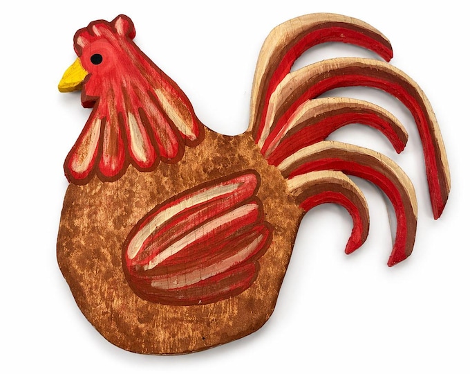 Folk Art Chicken Rooster Wall Hanging Wood Hand Painted Carved Vintage Wooden Home Decor Farmhouse Country Primitive Cottage Granny Core