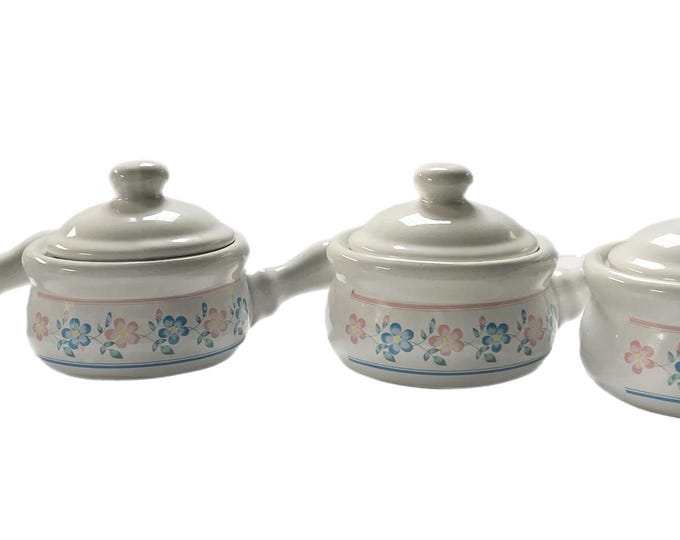 Vintage Set 4 | French Onion Soup Crock Bowl With Lid & Handle |  Blue Pink Flowers | Cottage core Grandma Granny Core | Ceramic Glazed
