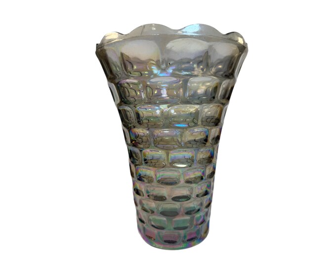 Carnival Glass Vase | Federal Carnival Depression Glassware Yorktown Thumbprint | Floral Flowers | Wedding Gift Decor | Iridescent Scolloped