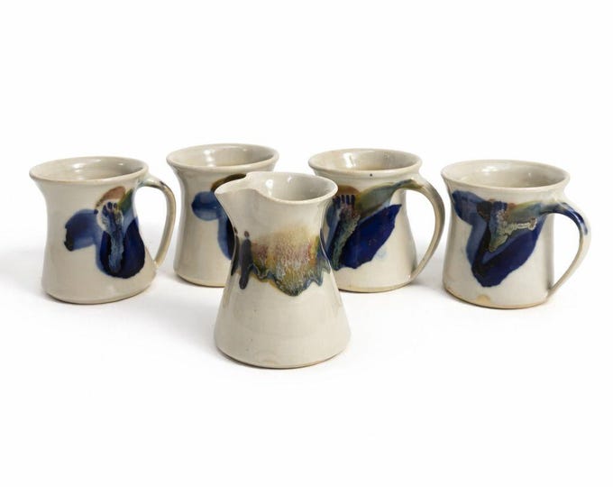 Pottery Mugs Set 4 Creamer Ardens Hill North Carolina Ceramics Vintage Hand Thrown Drip Glaze Design Replacement China Cream Blue Earthtone