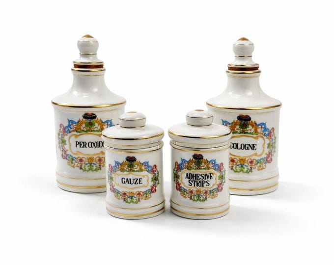 Apothecary Jars Paris France Style Porcelain Hand Painted Gold Trim Made in Japan Set 4 Bathroom Boudoir White Gold Canisters Decorative