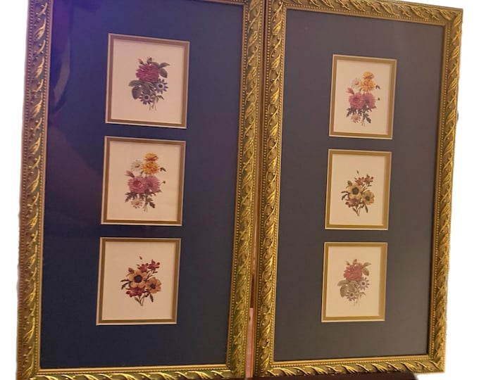 Vintage | Floral Framed Prints W/ Matting | Gold Frame | Flowers Paneled Art | Home Decor | Wall Art | Set 2 Pair | Traditional Cottage Core