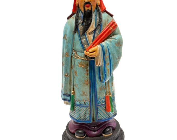 Oriental Figurine Statue on Stand | Vintage Chinoiserie | Resin Hand painted | Good Luck Immortality Deity | Made in Hong Kong Asian Chinese