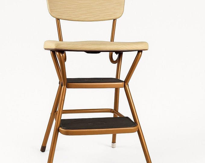 Costco folding step stool chair Vintage Silver Vinyl Fabric metal | Mid century rustic plant stand Retro industrial kitchen decor Granny