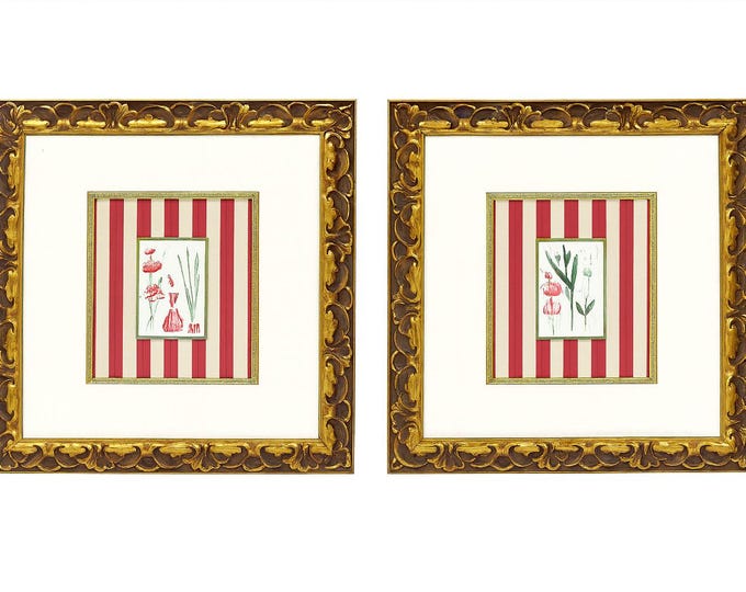 Botanical Floral Prints Orchids Pair Set 2 | Gold Gilded Frame Fabric Mounted Wall Decor Decorative Accents | Traditional Home Art Flower