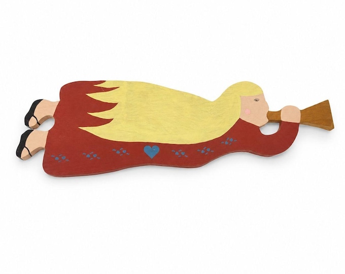 Primitive Folk Art Sign Wood Wall Art Blonde Girl Playing Trumpet Americana Wall Decor Hand Painted Carved Hearts Home Decor Decorative