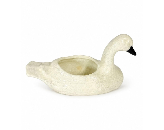 Swan Planter Pot Trinket Bowl Vintage Crackly Glaze Home Decor Decorative Accents Water Fowl Cottage Granny Grandpa Coastal Core