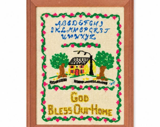 Needlework Sampler Embroidery Wall Art Vintage God Bless Our Home Handmade Framed Alphabet Country Primitive Granny Cottage Core Farmhouse