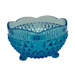 Vintage |  Indiana Glass |  Aqua Turquoise Blue | Tiara  Diamond Point 3 Footed Bowl | Candy Bon Bon Dish | Trinket Dish | Compote Pedestal