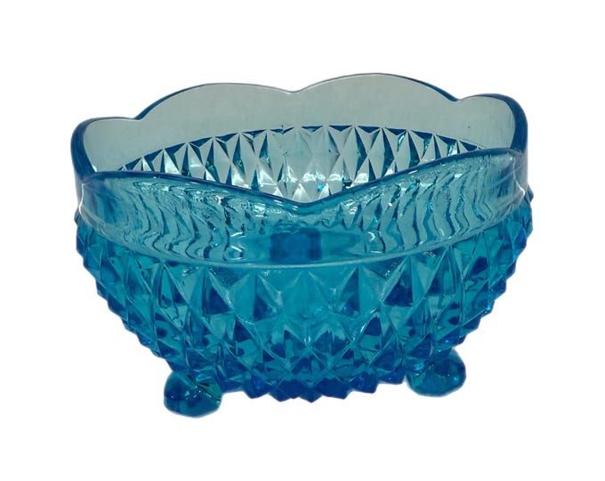 Vintage |  Indiana Glass |  Aqua Turquoise Blue | Tiara  Diamond Point 3 Footed Bowl | Candy Bon Bon Dish | Trinket Dish | Compote Pedestal
