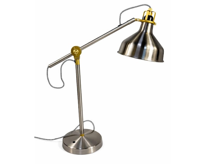 IKEA Ranarp Work Table Lamp Chrome with Gold Trim Adjustable Arm Discontinued Color Industrial Desk Accent Home Decor Decorative Accents