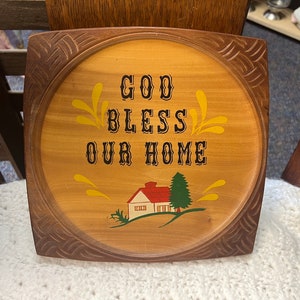 Wooden Wall Hanging Plaque | God Bless Our Home | Vintage Japan Cabin Religious Art | Kitchen Home Gallery Wall Decor | Granny Cottage Core