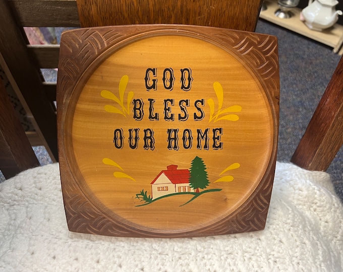 Wooden Wall Hanging Plaque | God Bless Our Home | Vintage Japan Cabin Religious Art | Kitchen Home Gallery Wall Decor | Granny Cottage Core