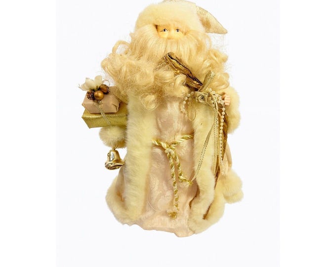 Tree Topper Christmas Santa Porcelain Face Figurine Statue Vintage | Lace Gold Trimmed Cream Gold Presents Bells Victorian Old World Holiday