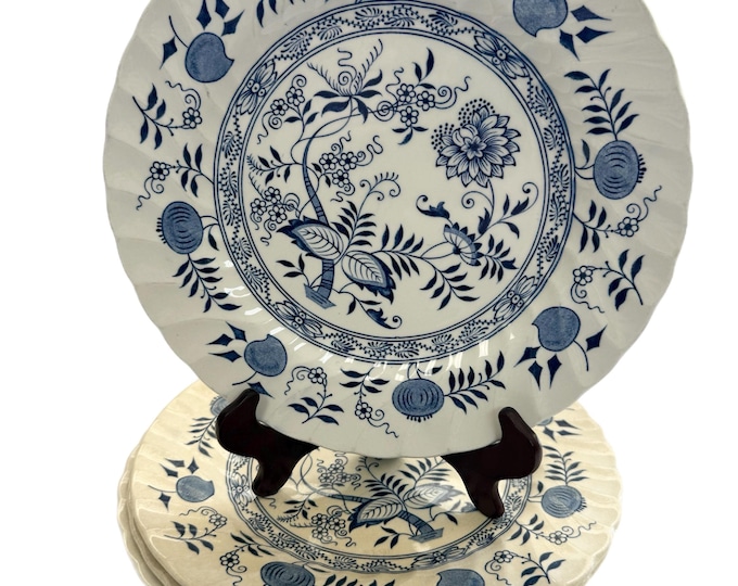 Vintage | Wood and Sons Old Vienna Ironstone Burslem England| Blue Onion Dinner Plate Set 4 | Chippy Grand Millennial China Transferware