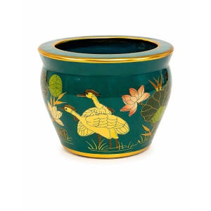 Jardiniere Cachepot Planter Hand Painted Birds Porcelain Ceramic Import Vintage Chinosiere Painted Indoor Flower Pot - Flowers Floral Gold