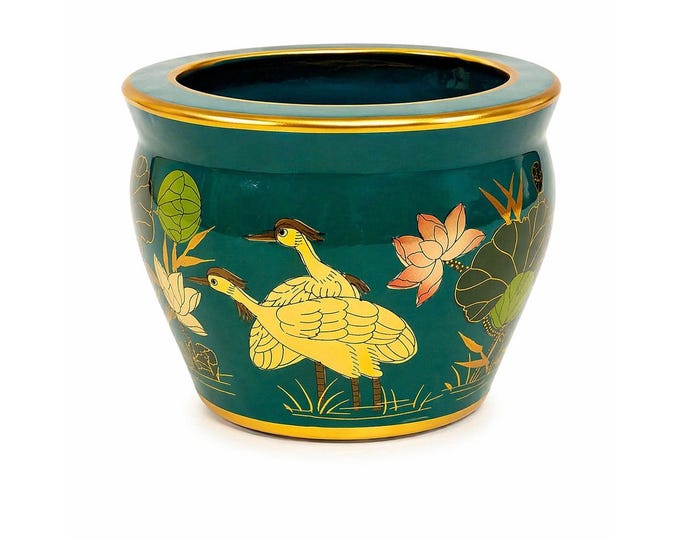 Jardiniere Cachepot Planter Hand Painted Birds Porcelain Ceramic Import Vintage Chinosiere Painted Indoor Flower Pot - Flowers Floral Gold