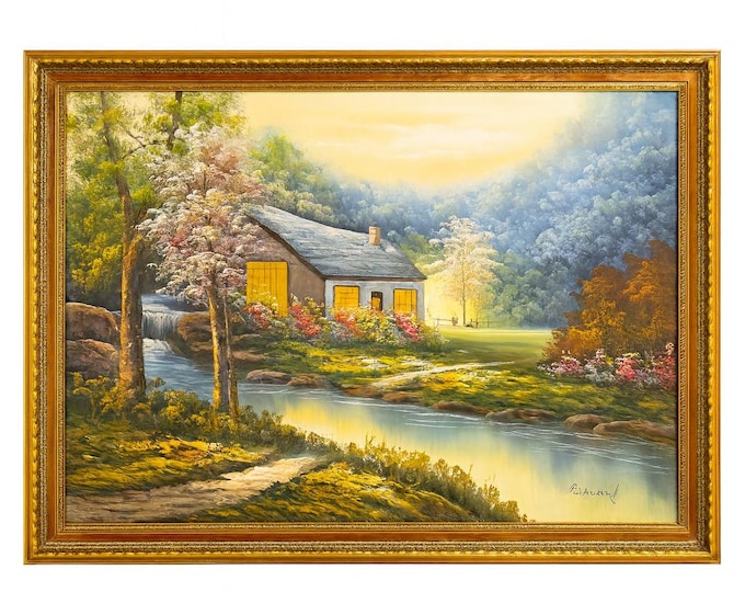 Oil Painting Framed | Hand painted Landscape Painting of Cabin by River | Gold Gilded Wood Frame Acrylic on Canvas Thomas Kinkade style