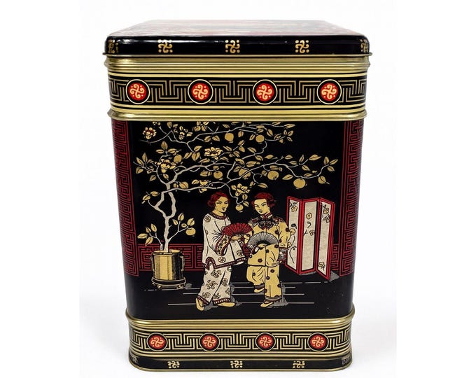 English Tea Tin Caddy Vintage 1970s Chinese Hinged Lid Black Red Gold Cranes Asian R Twining and Co Chinosiere Oriental Kitchen Storage