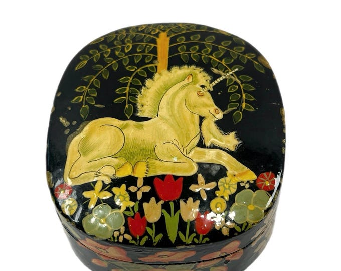 Tiny Vintage Trinket Keepsake Box | Kashmir Polychrome Lacquerware | Hand-Painted Lacquered Box | Fantasy Unicorn | Black Floral Background