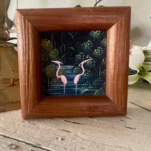 Vintage | Florida style | Mini Oil Painting | Pink Flamingos | Hand Painted | Framed