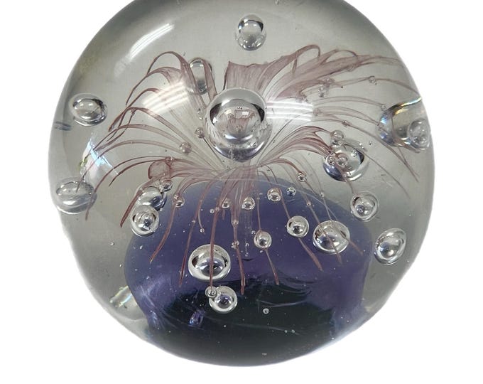Vintage | Art Glass | Bubble | Pink Purple Paperweight | Flower
