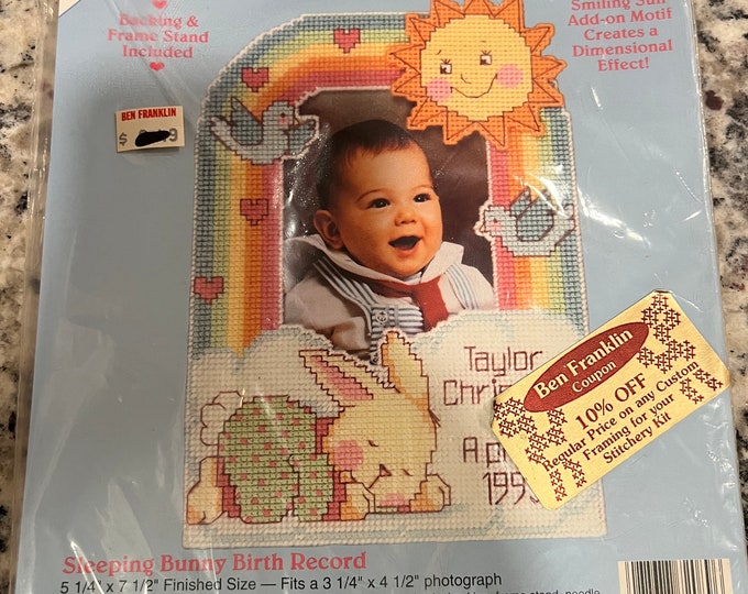 Frame-ables 72089 Sleeping Bunny Birth Record VINTAGE Counted Cross Stitch KIT New Old Stock