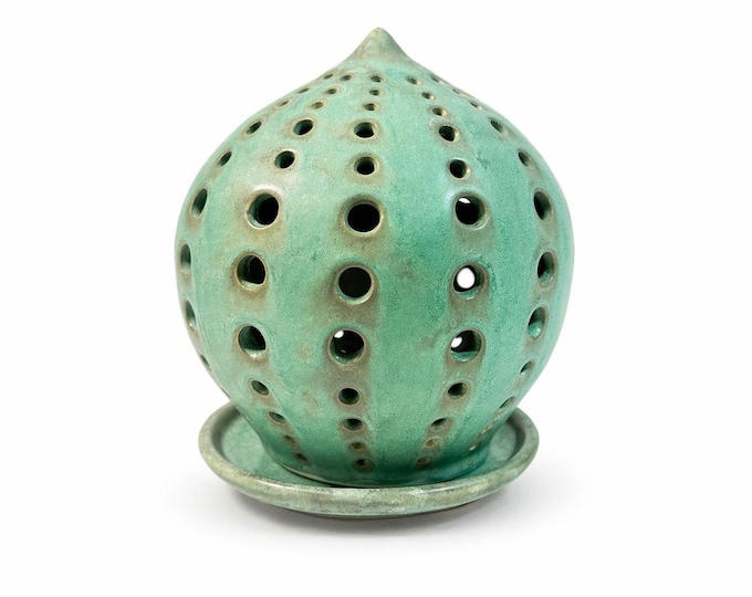 Fairy Lamp Piereced Pottery Candle Holder Turquoise Teal Handmade Studio Potter NC North Carolina Home Decor Decorative Accent Light Stamped